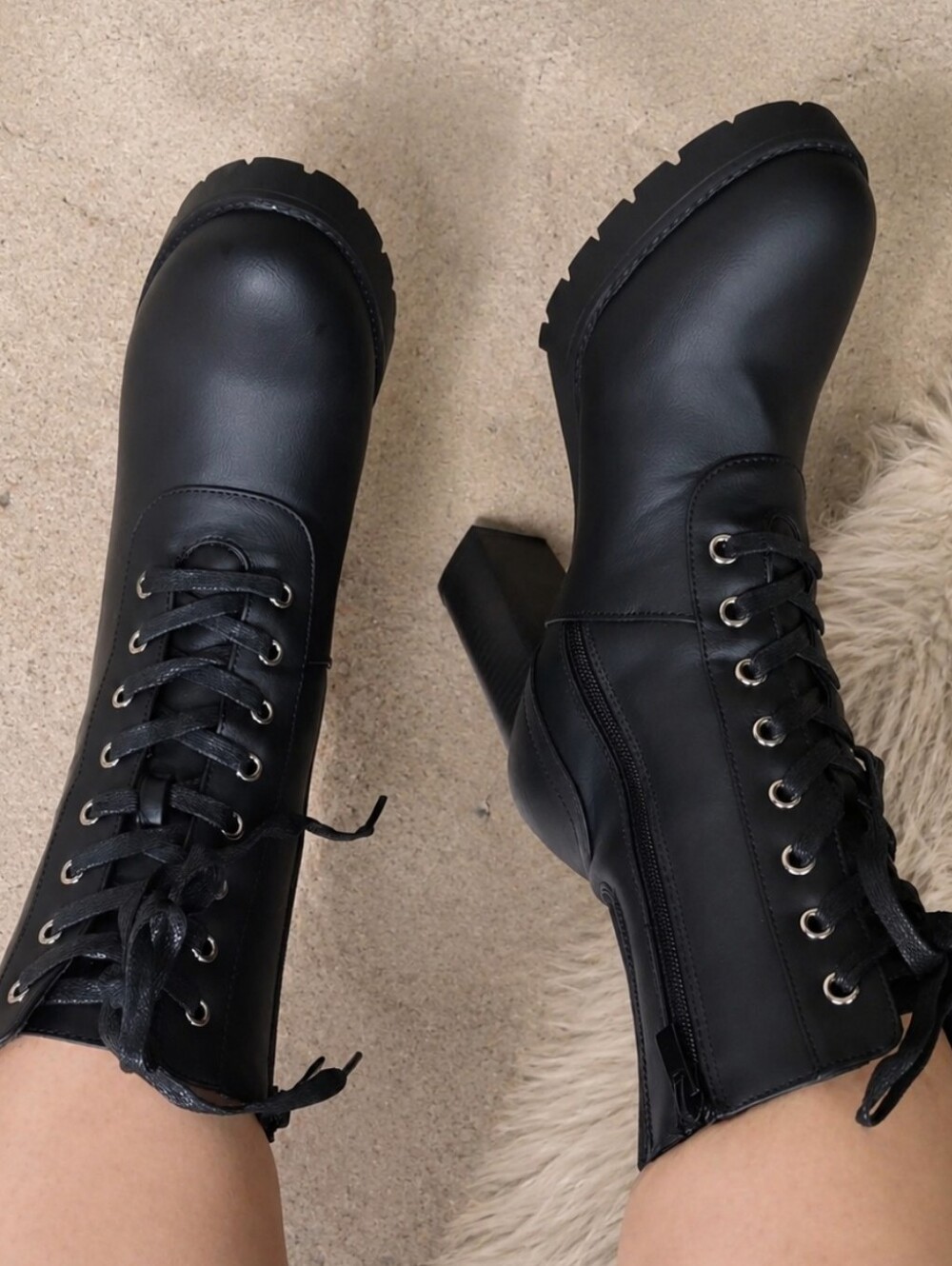 Women’s Lace-Up Combat Ankle Boots – Chunky High Heel, Lug Sole, Side Zipper - Picture 4 of 6